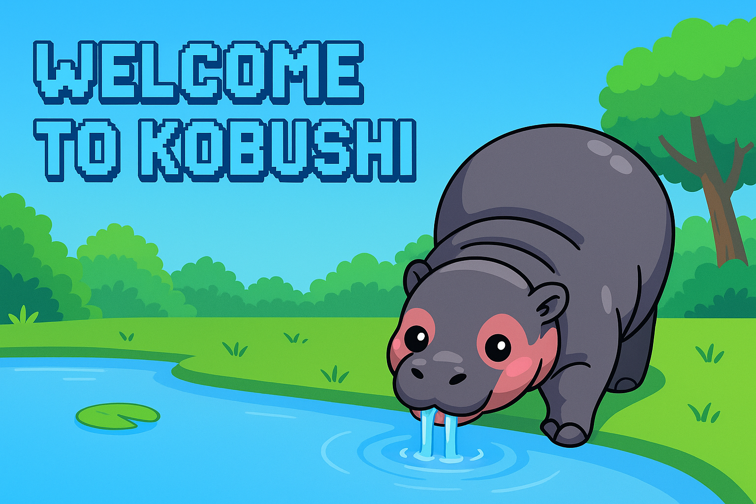 Welcome to Kobushi - Cute hippo drinking from pond in colorful landscape